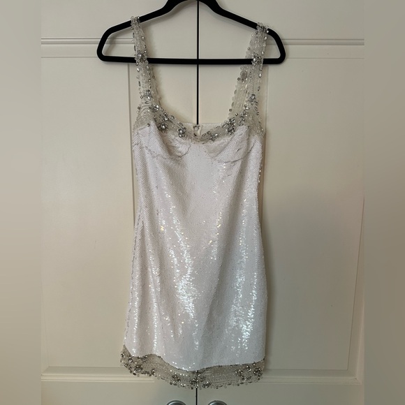PatBO Dresses & Skirts - PatBO White Sequin Mini Dress with Silver Beaded Trim
